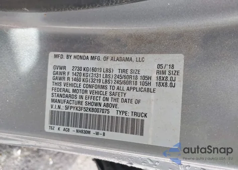 2019 Honda Ridgeline Rtl from USA, damaged, VIN 5FPYK3F52KB007075